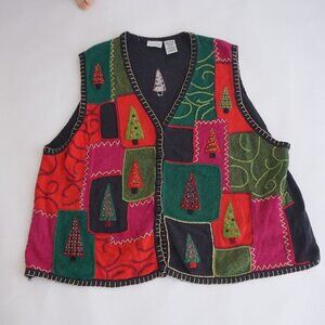 Vintage White Stag Black Red Christmas Trees Holiday Cotton Knit Vest 26W